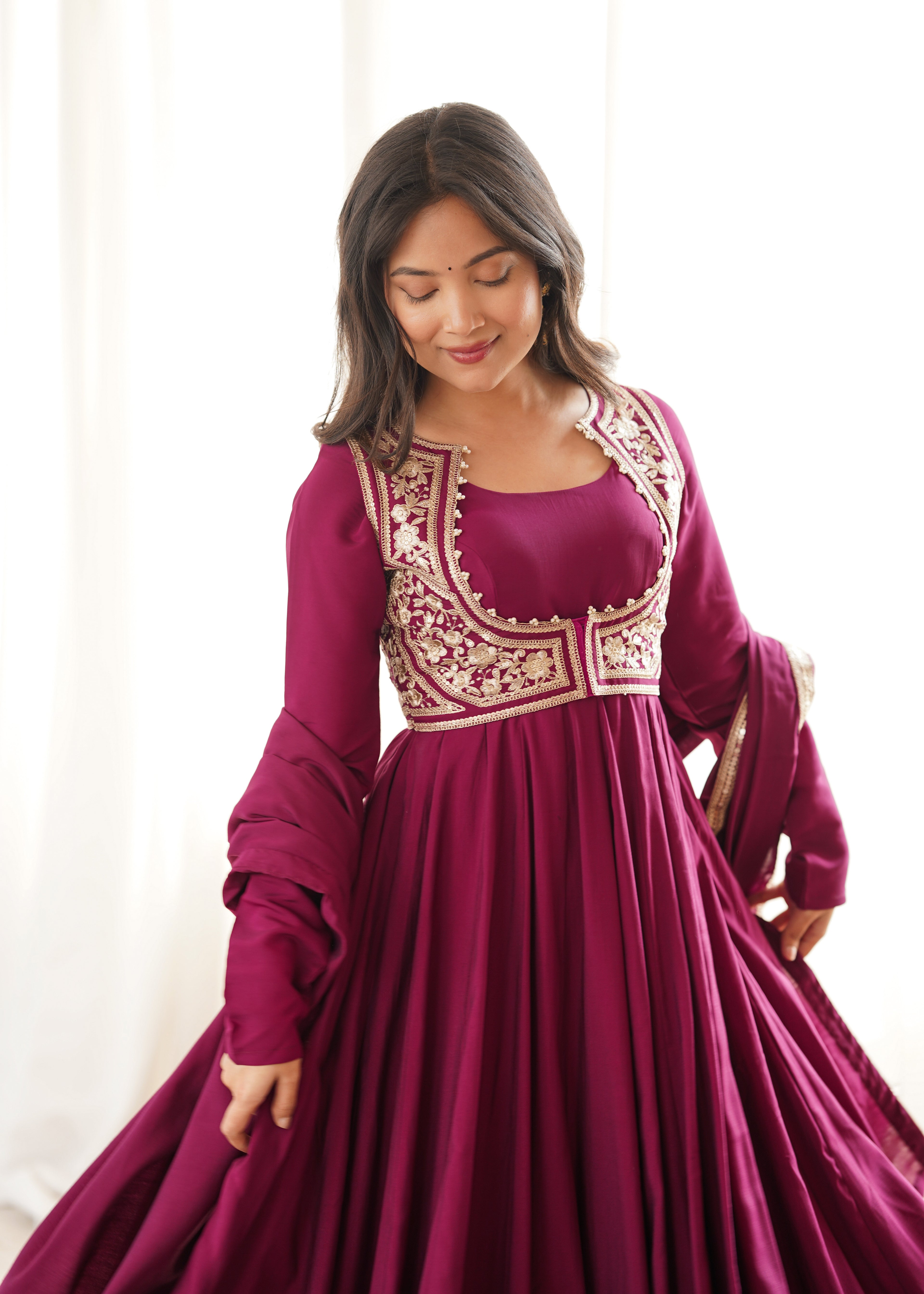 Designer Wine Flared Anarkali With Jacket Style
