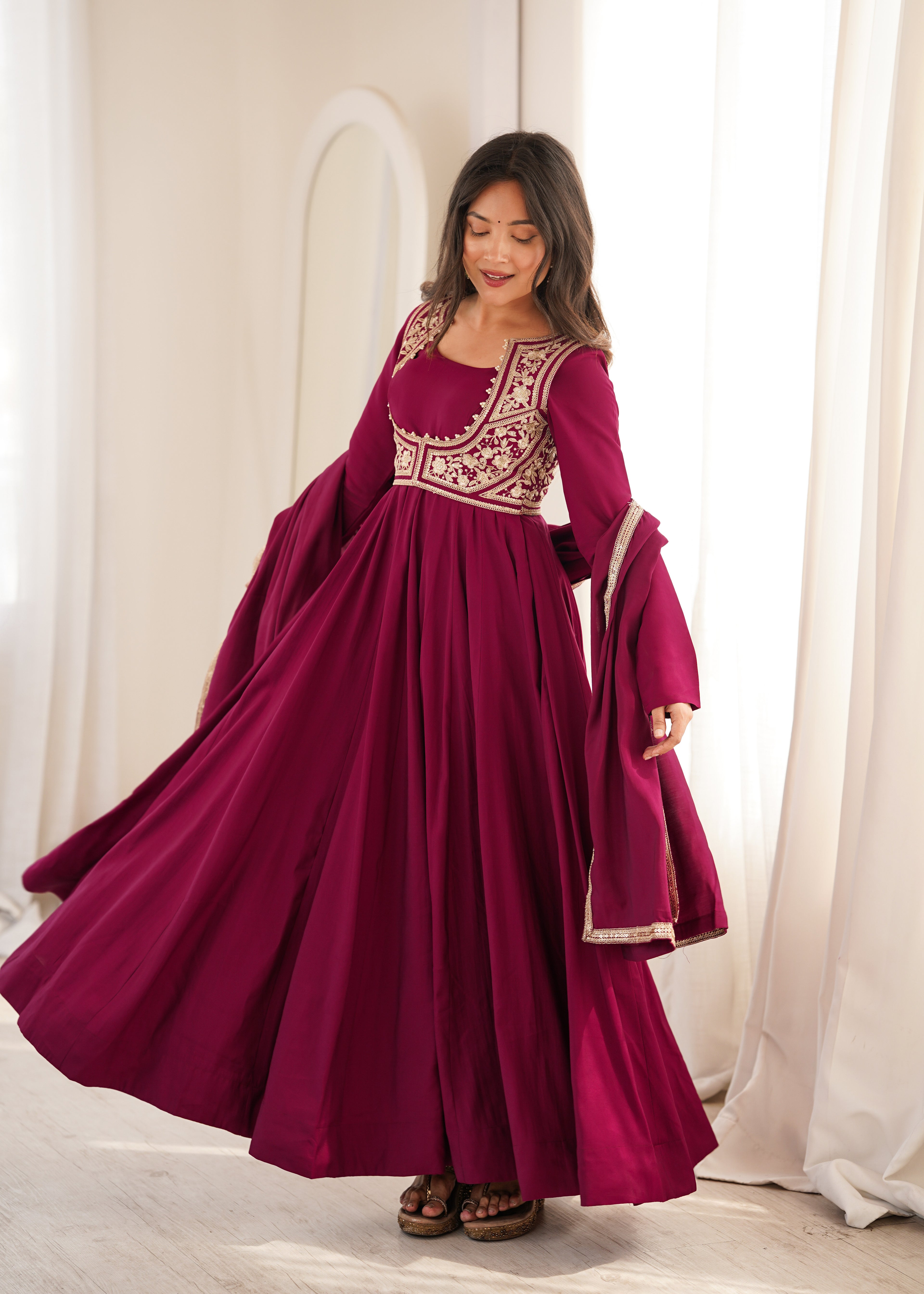 Designer Wine Flared Anarkali With Jacket Style