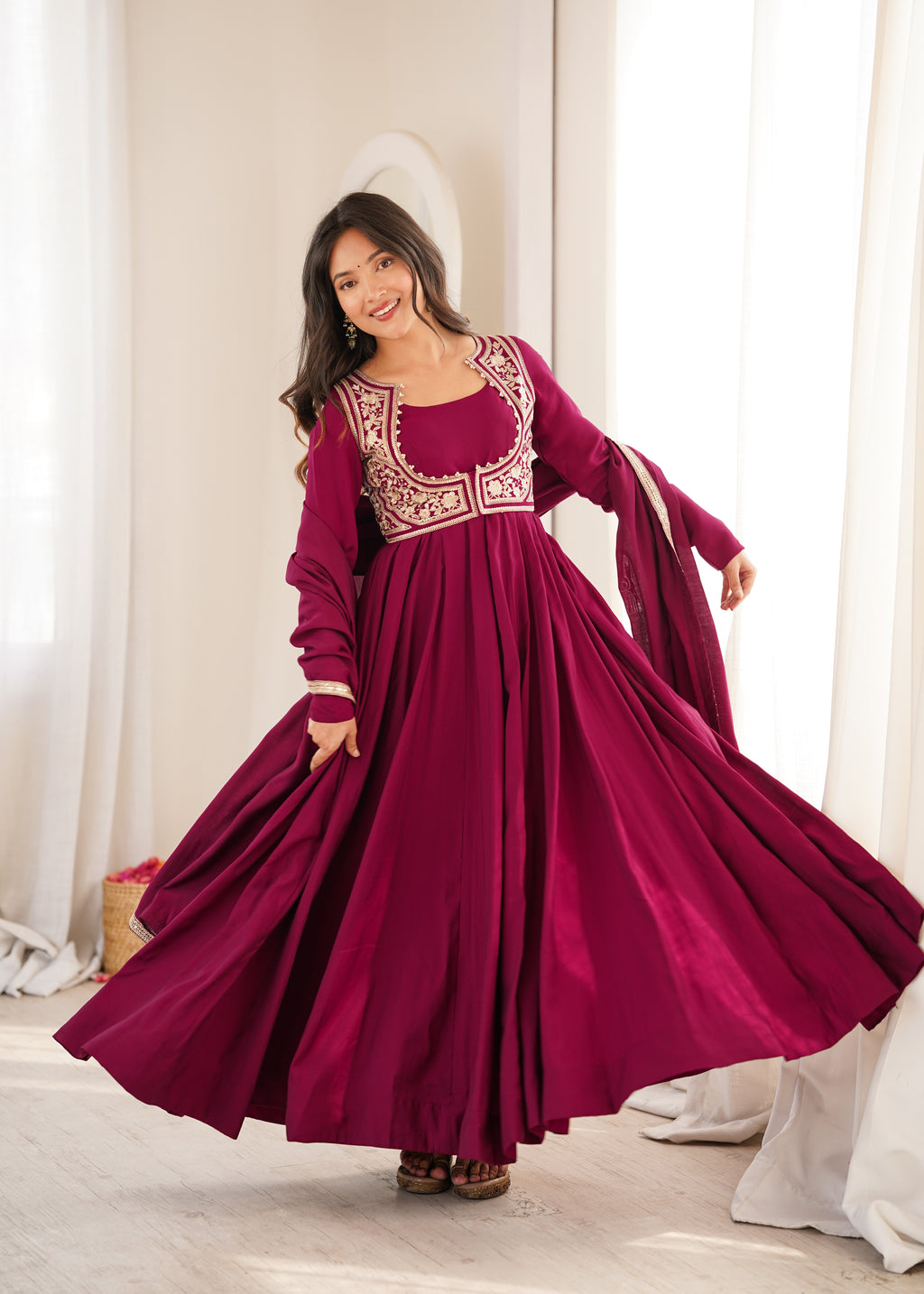 Designer Wine Flared Anarkali With Jacket Style