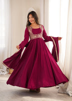 Designer Wine Flared Anarkali With Jacket Style