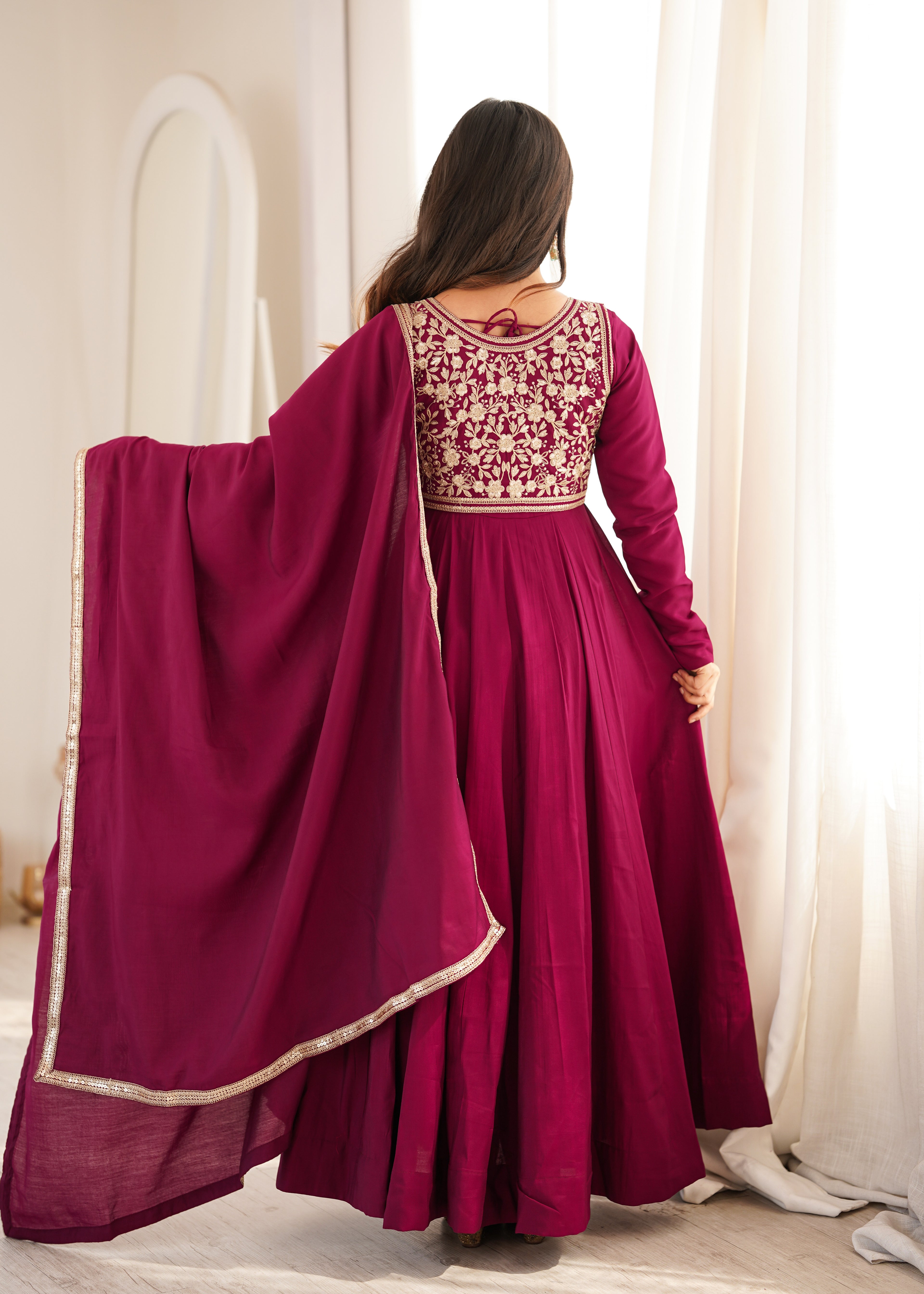 Designer Wine Flared Anarkali With Jacket Style