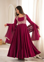 Designer Wine Flared Anarkali With Jacket Style