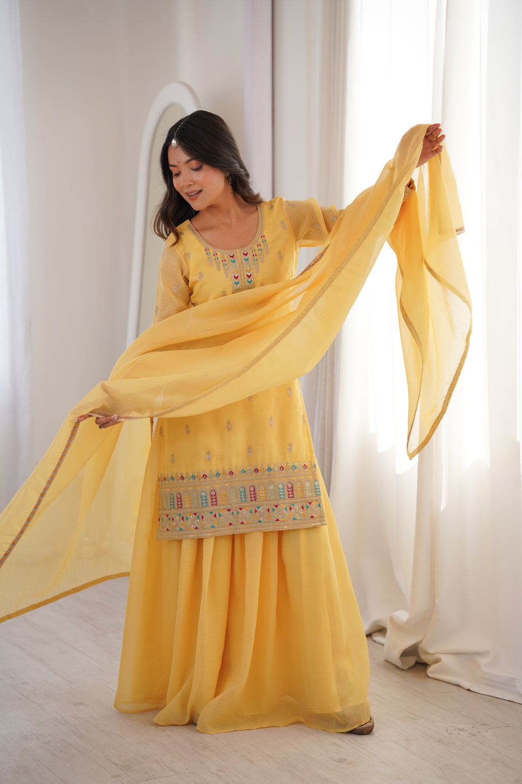 Yellow Embroidery Sharara Set