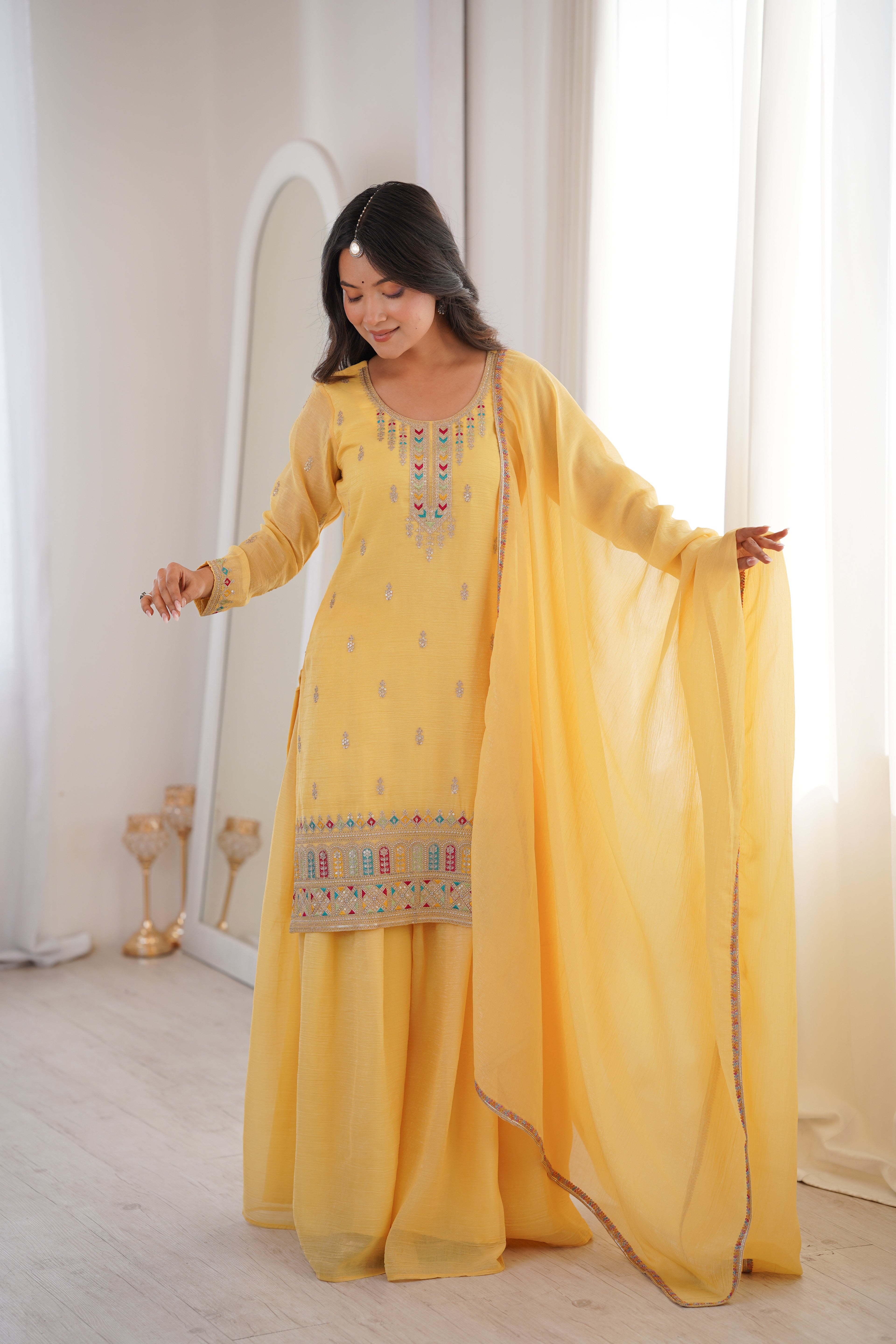 Yellow Embroidery Sharara Set
