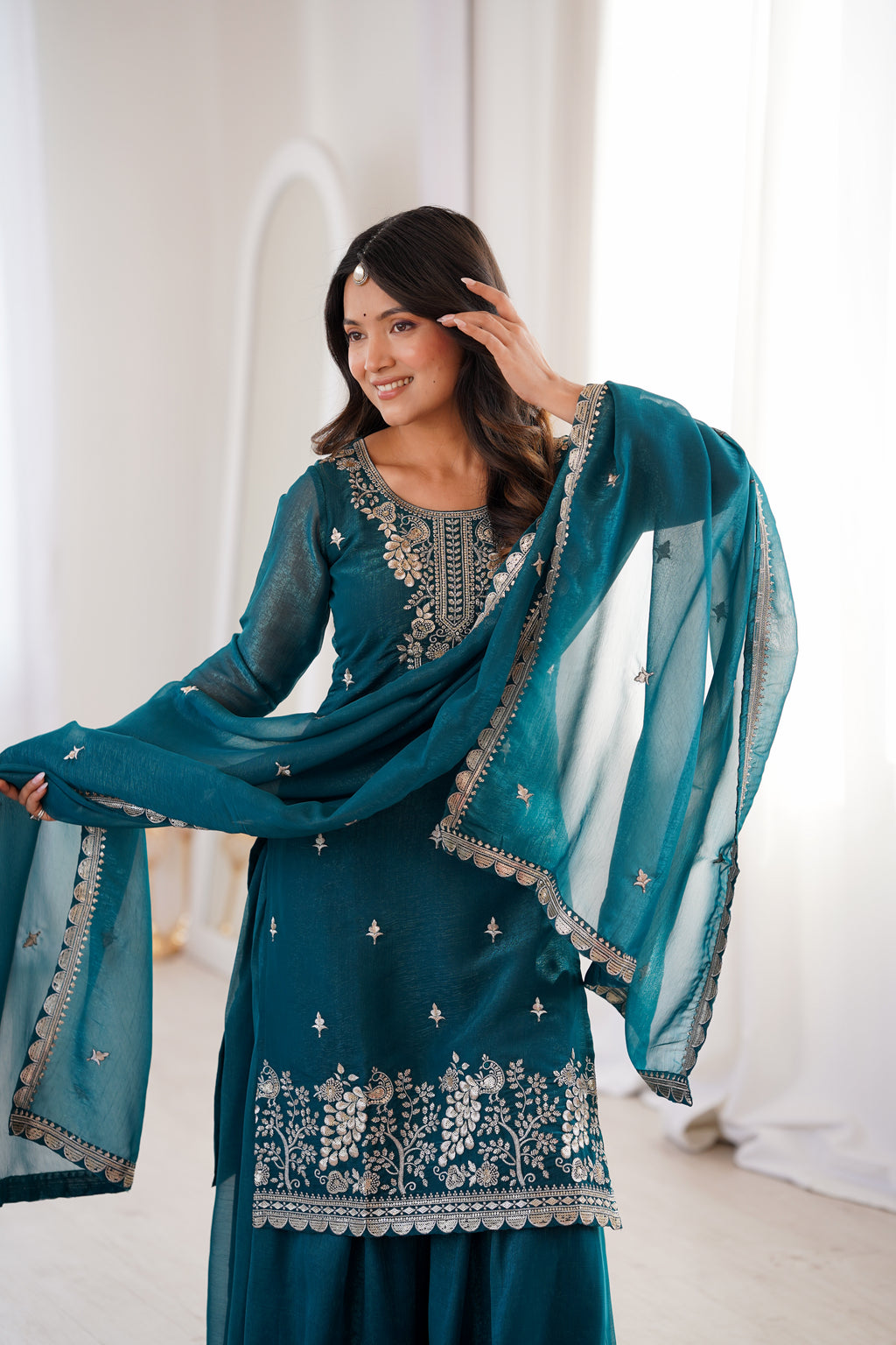 Teal Blue Crunchy Silk Sharara Set