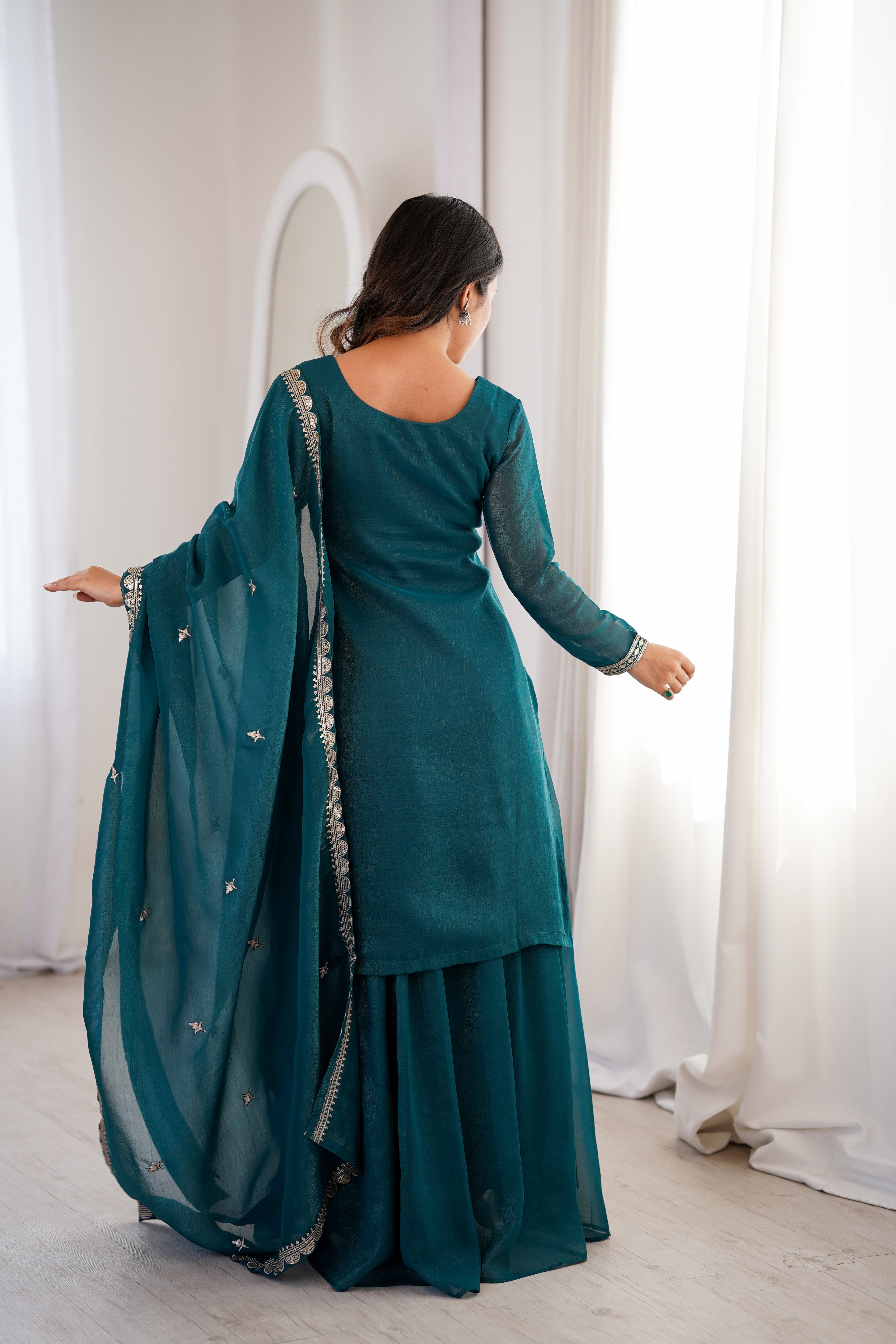 Teal Blue Crunchy Silk Sharara Set