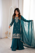 Teal Blue Crunchy Silk Sharara Set