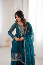 Teal Blue Crunchy Silk Sharara Set