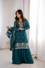Teal Blue Crunchy Silk Sharara Set