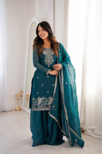 Teal Blue Crunchy Silk Sharara Set