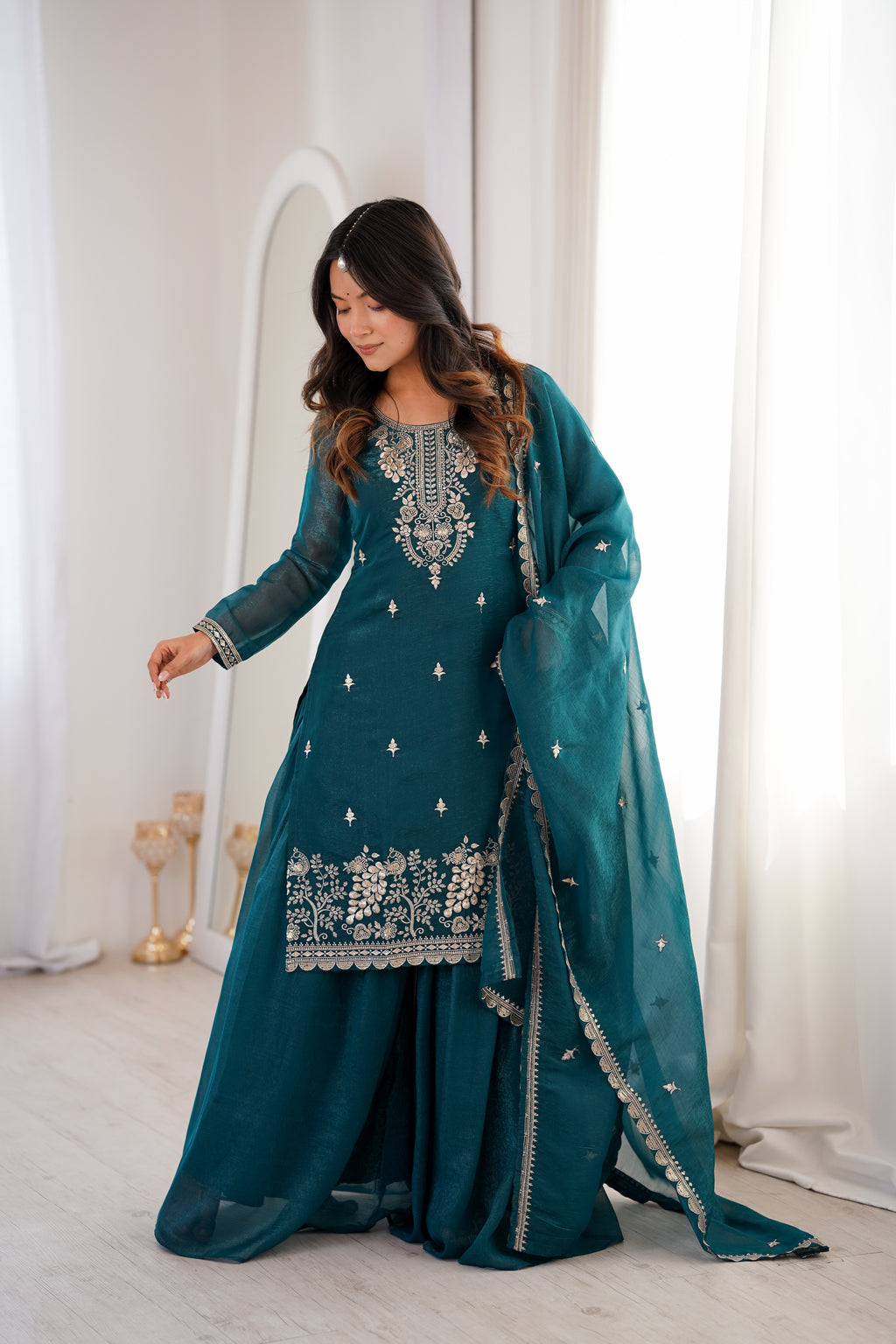 Teal Blue Crunchy Silk Sharara Set