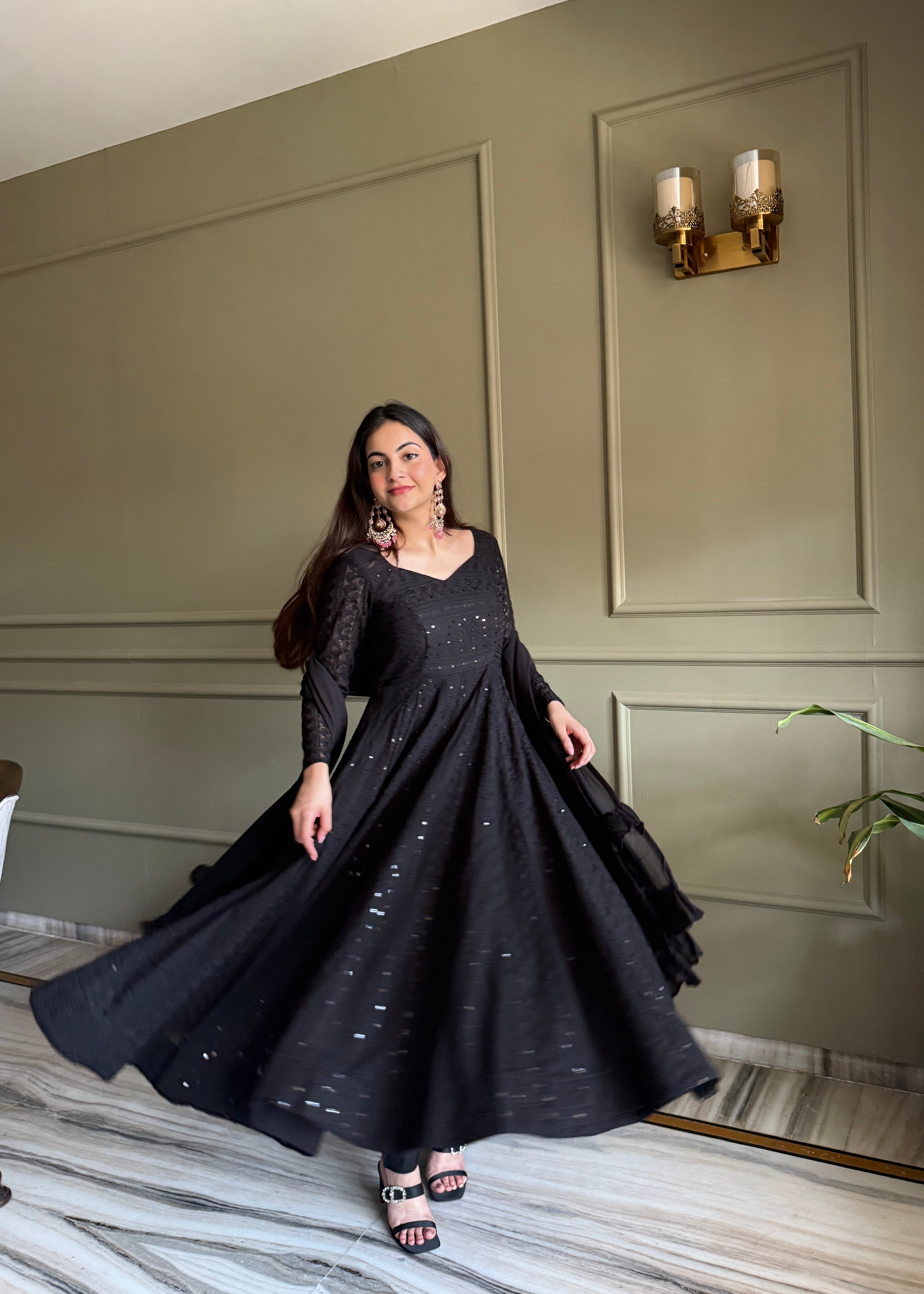 Black Fox Georgette Lukhnowi Sequence Work Kurta Set