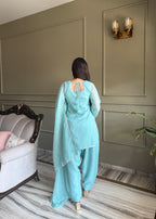 Sky Crunchy Silk Fabric With Siroski Work Kurta Set
