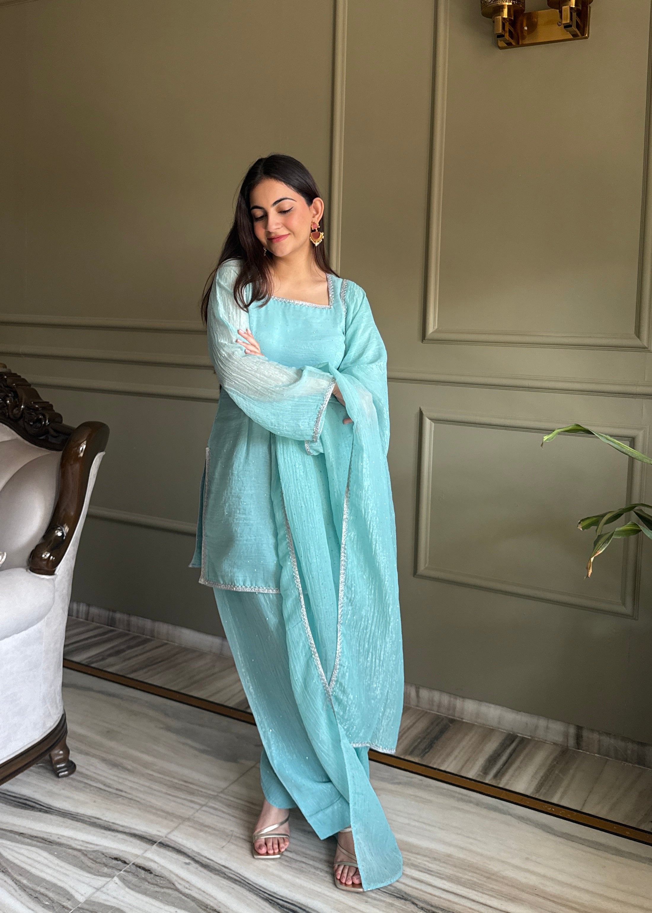 Sky Crunchy Silk Fabric With Siroski Work Kurta Set