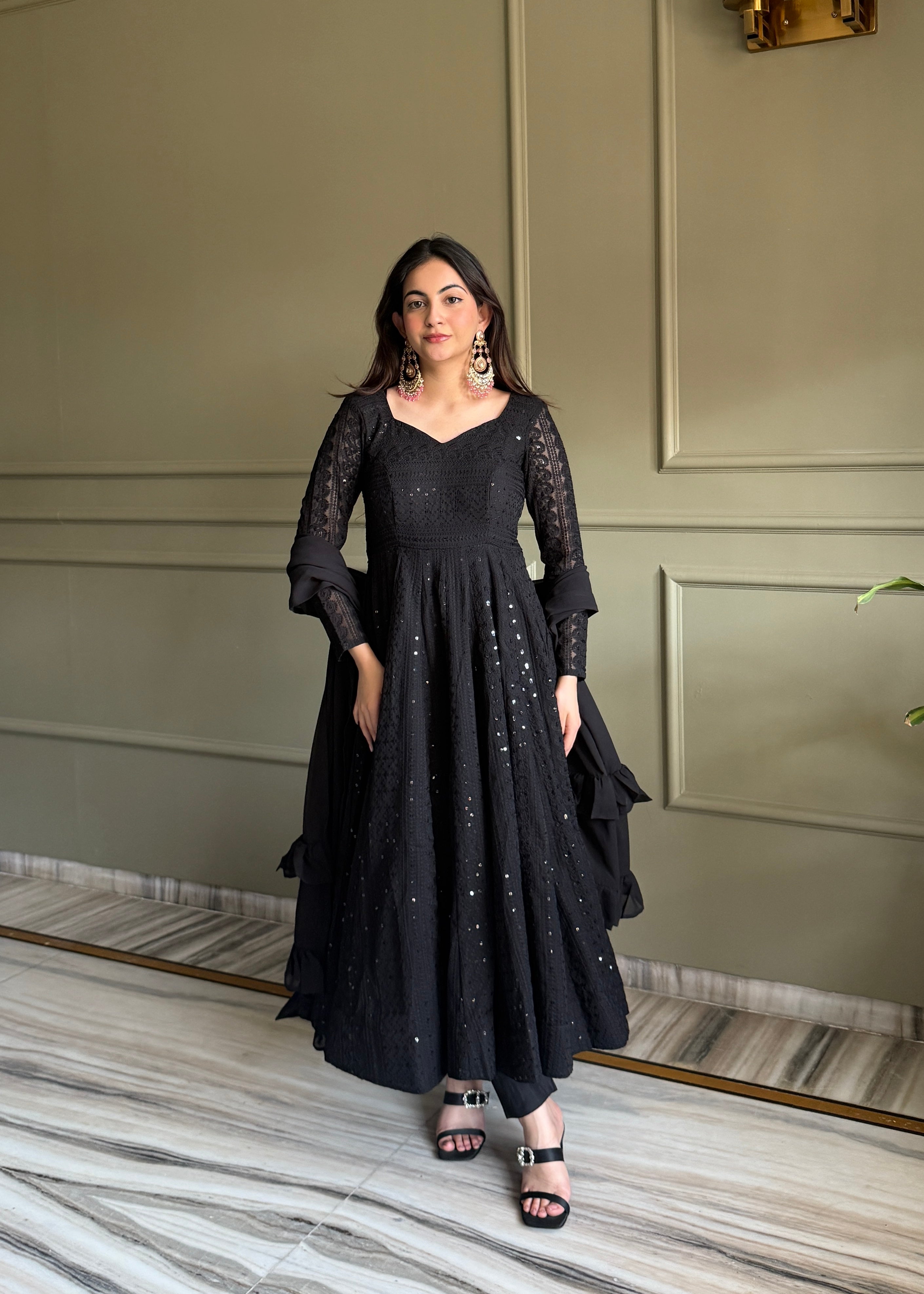 Black Fox Georgette Lukhnowi Sequence Work Kurta Set