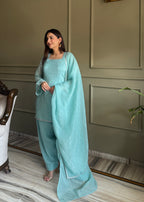 Sky Crunchy Silk Fabric With Siroski Work Kurta Set