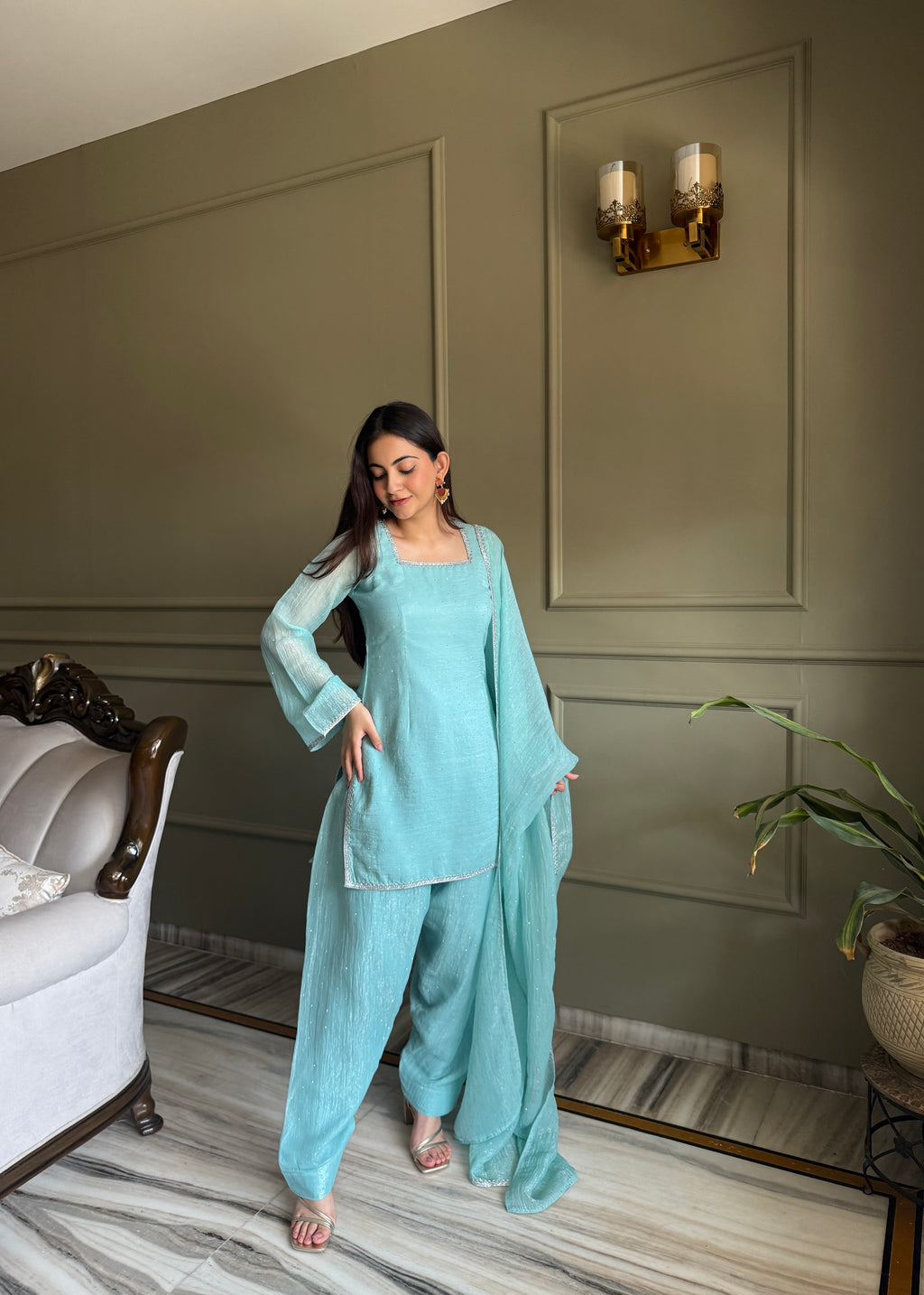 Sky Crunchy Silk Fabric With Siroski Work Kurta Set