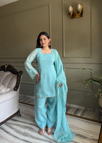 Sky Crunchy Silk Fabric With Siroski Work Kurta Set
