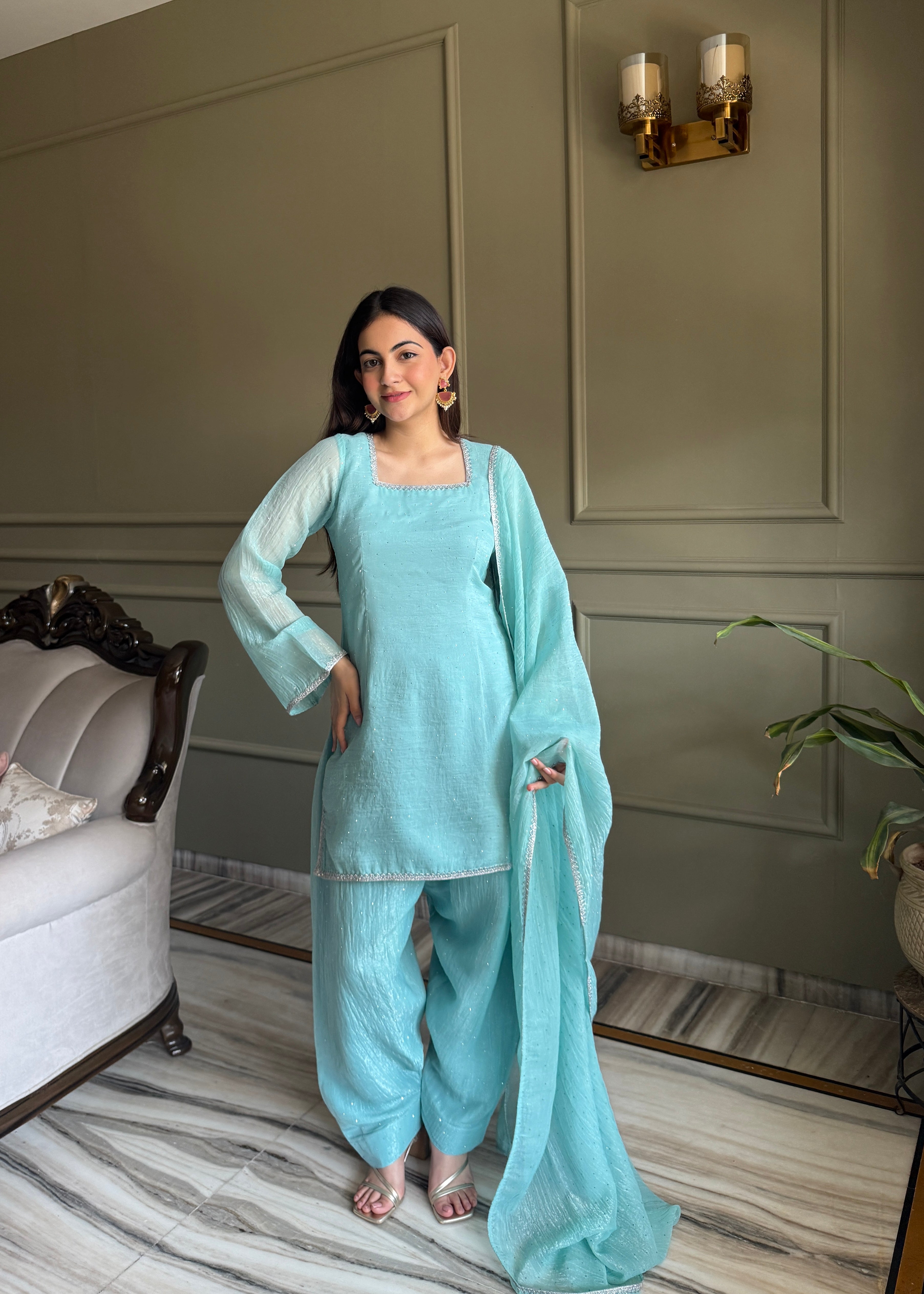 Sky Crunchy Silk Fabric With Siroski Work Kurta Set