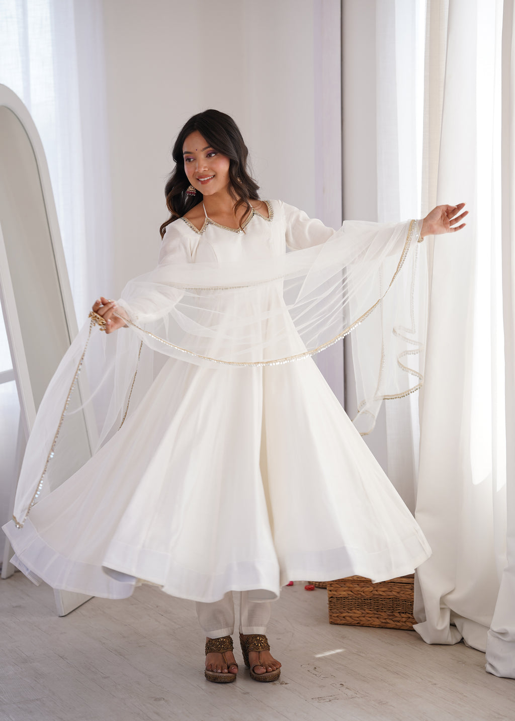 White Romansilk Chanderi Kurta Set
