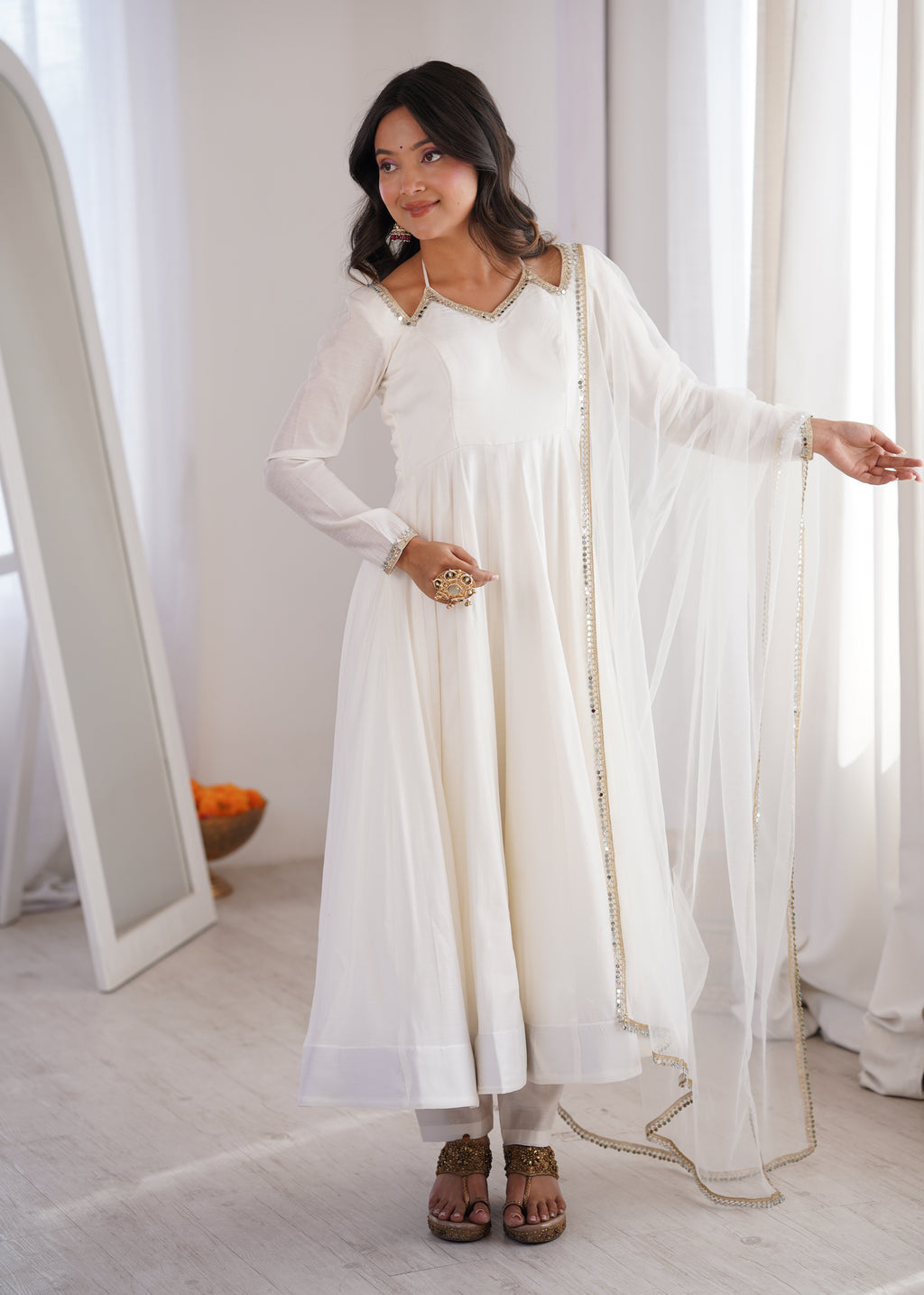 White Romansilk Chanderi Kurta Set