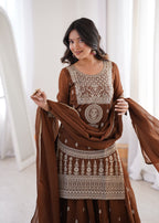 Coffee Crunchy Silk Embroidery Sharara Set