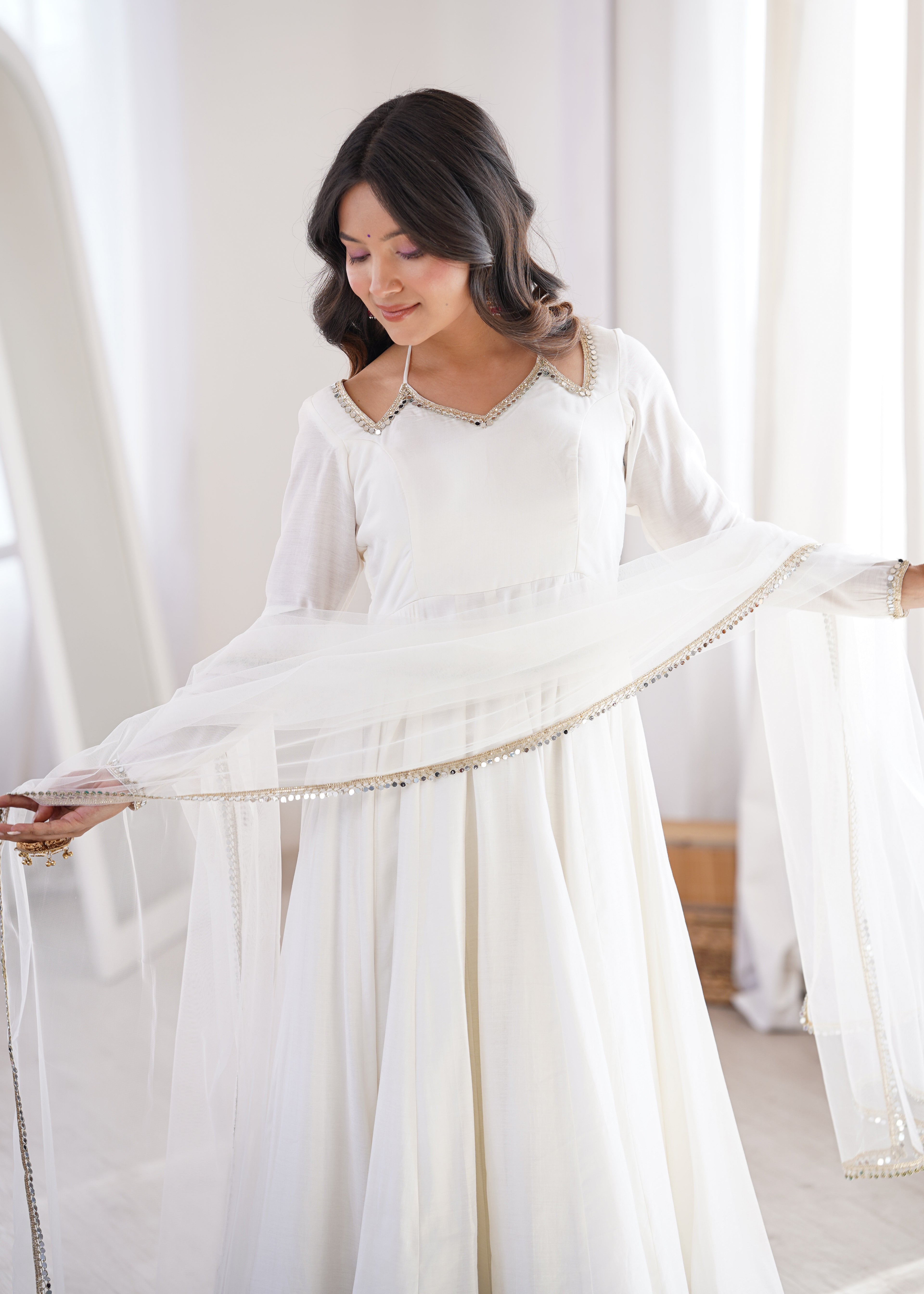 White Romansilk Chanderi Kurta Set