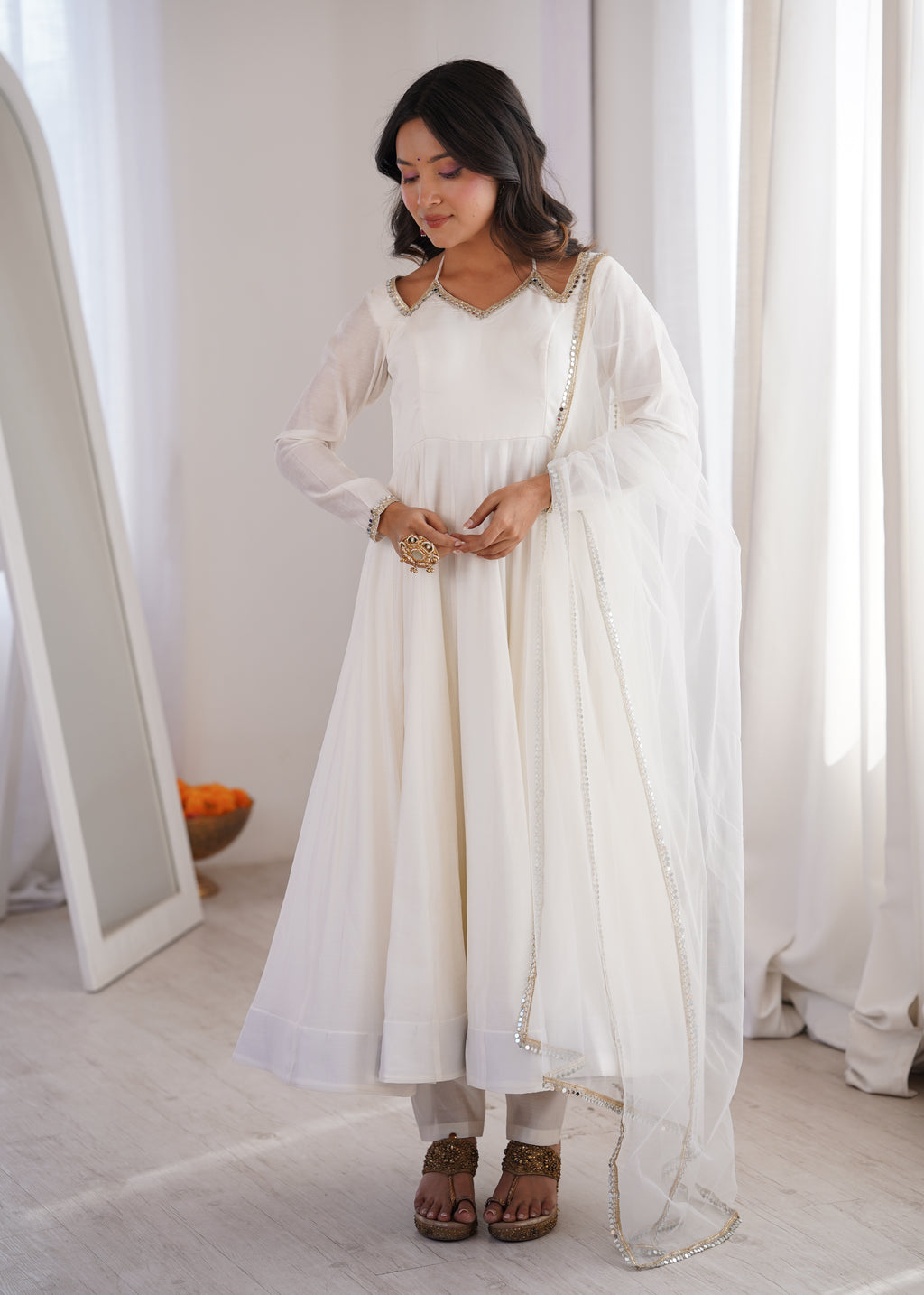 White Romansilk Chanderi Kurta Set