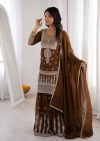 Coffee Crunchy Silk Embroidery Sharara Set