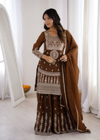 Coffee Crunchy Silk Embroidery Sharara Set