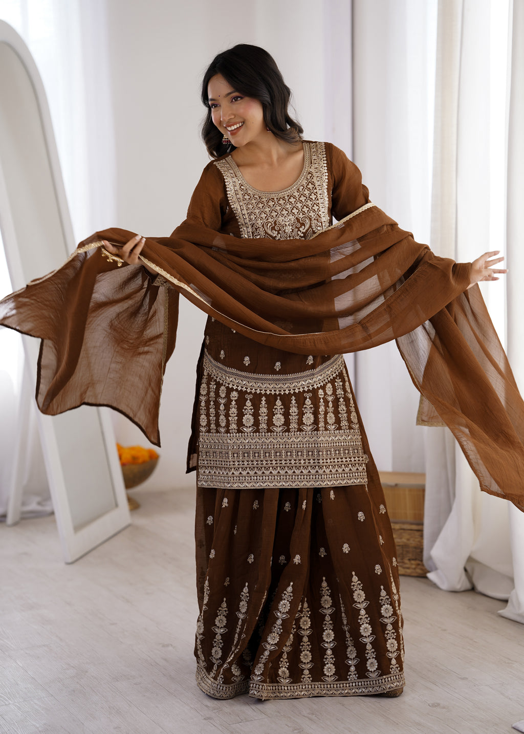 Coffee Crunchy Silk Embroidery Sharara Set