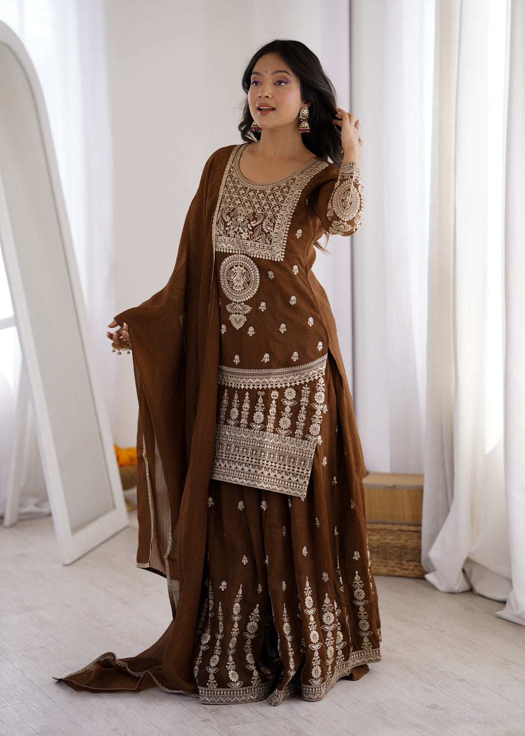 Coffee Crunchy Silk Embroidery Sharara Set