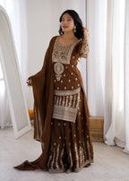 Coffee Crunchy Silk Embroidery Sharara Set