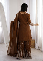 Coffee Crunchy Silk Embroidery Sharara Set