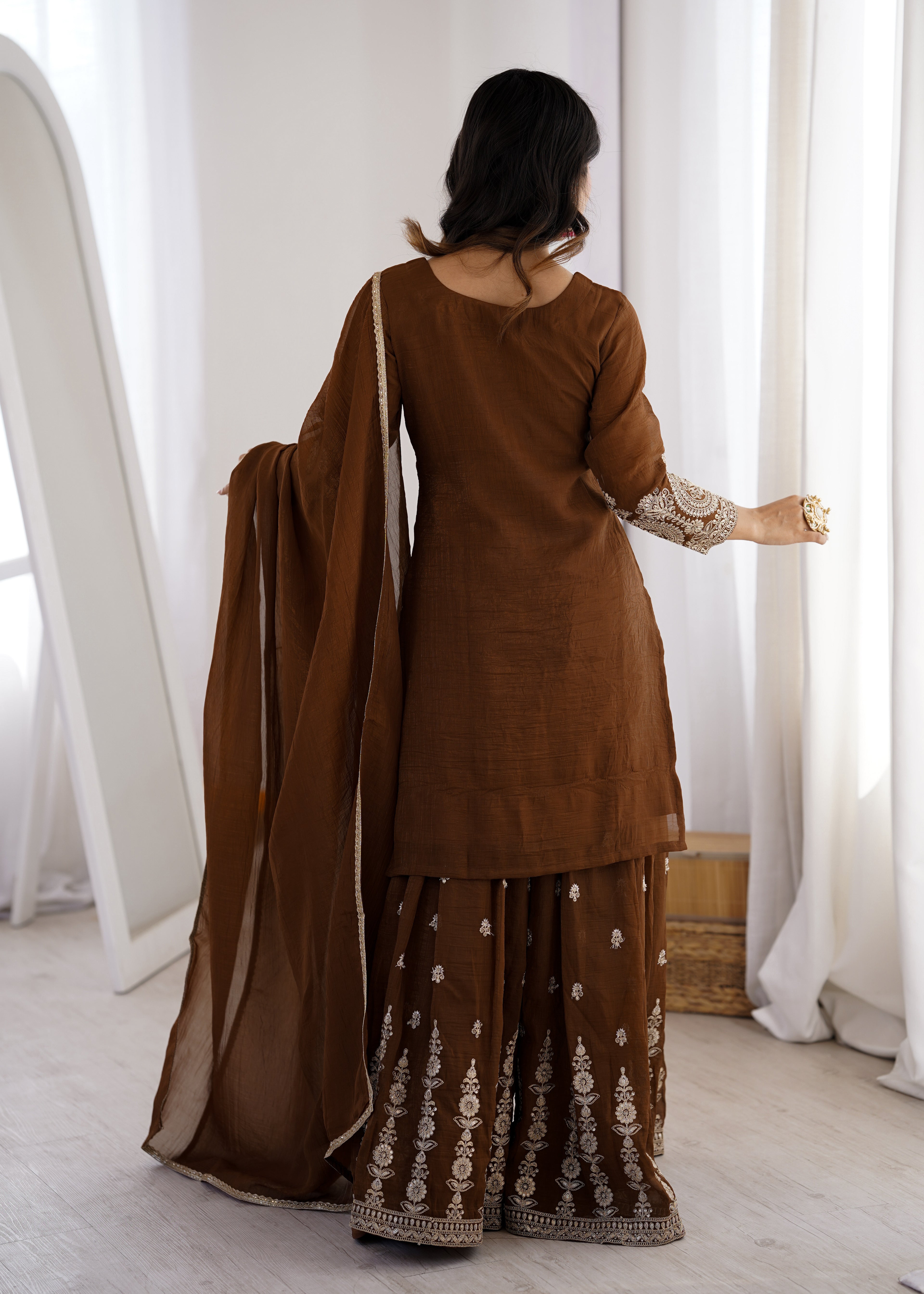 Coffee Crunchy Silk Embroidery Sharara Set