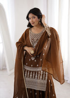 Coffee Crunchy Silk Embroidery Sharara Set