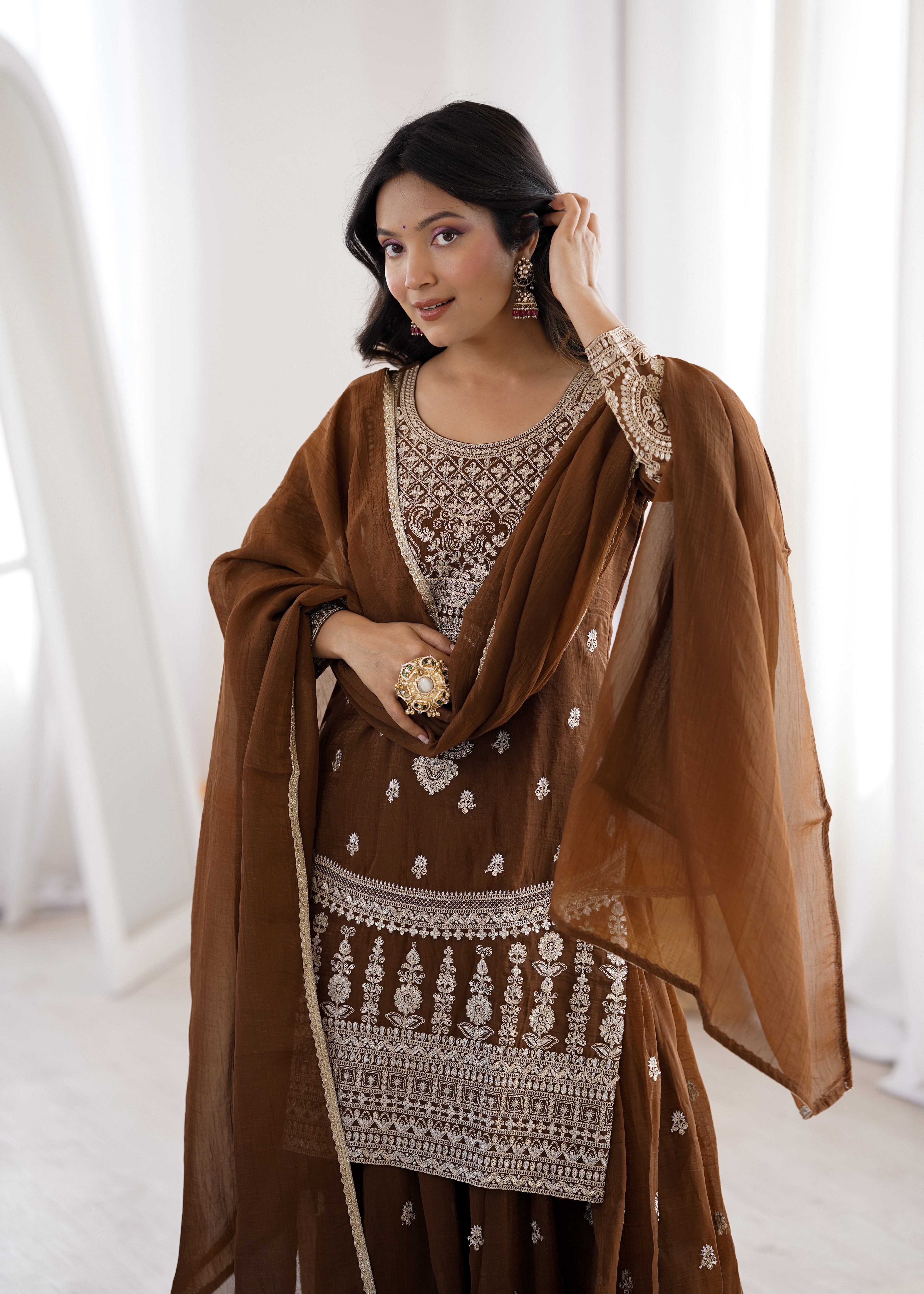 Coffee Crunchy Silk Embroidery Sharara Set