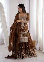 Coffee Crunchy Silk Embroidery Sharara Set