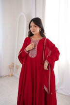 Red Pure Vichitra Silk Kurta Set