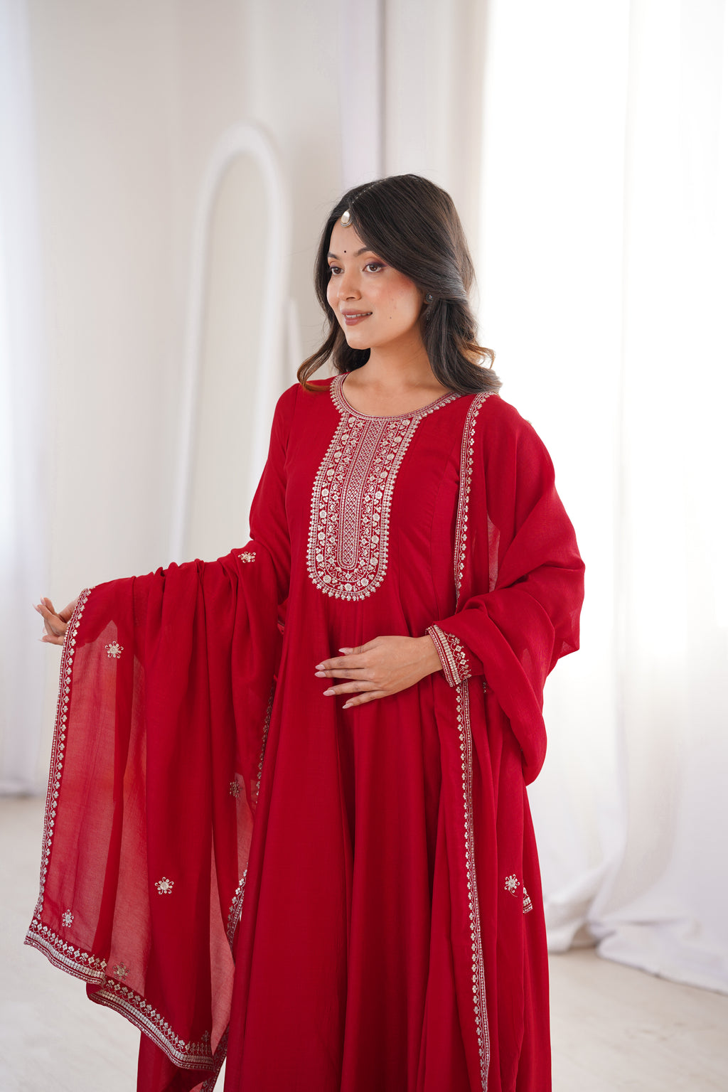 Red Pure Vichitra Silk Kurta Set