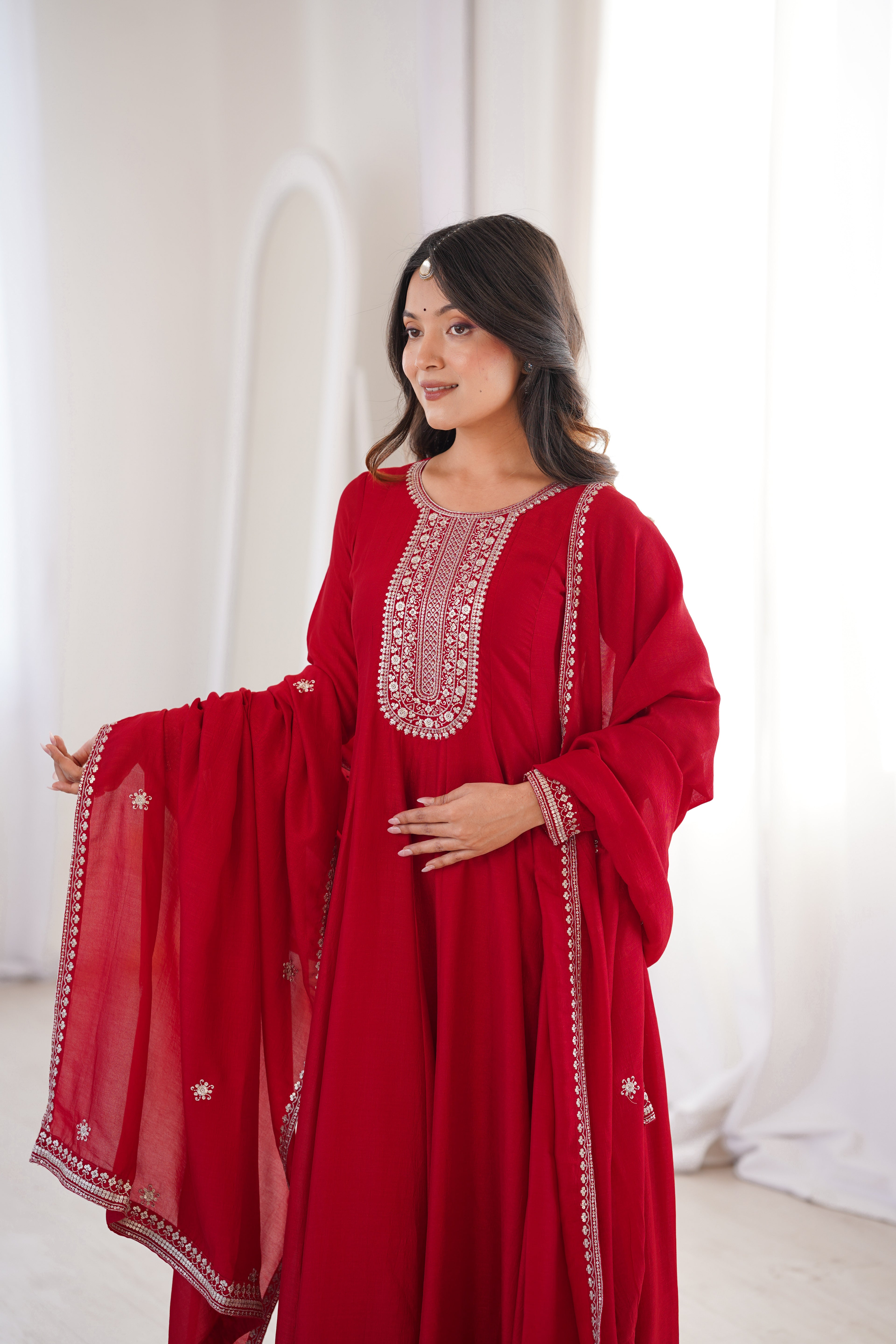Red Pure Vichitra Silk Kurta Set