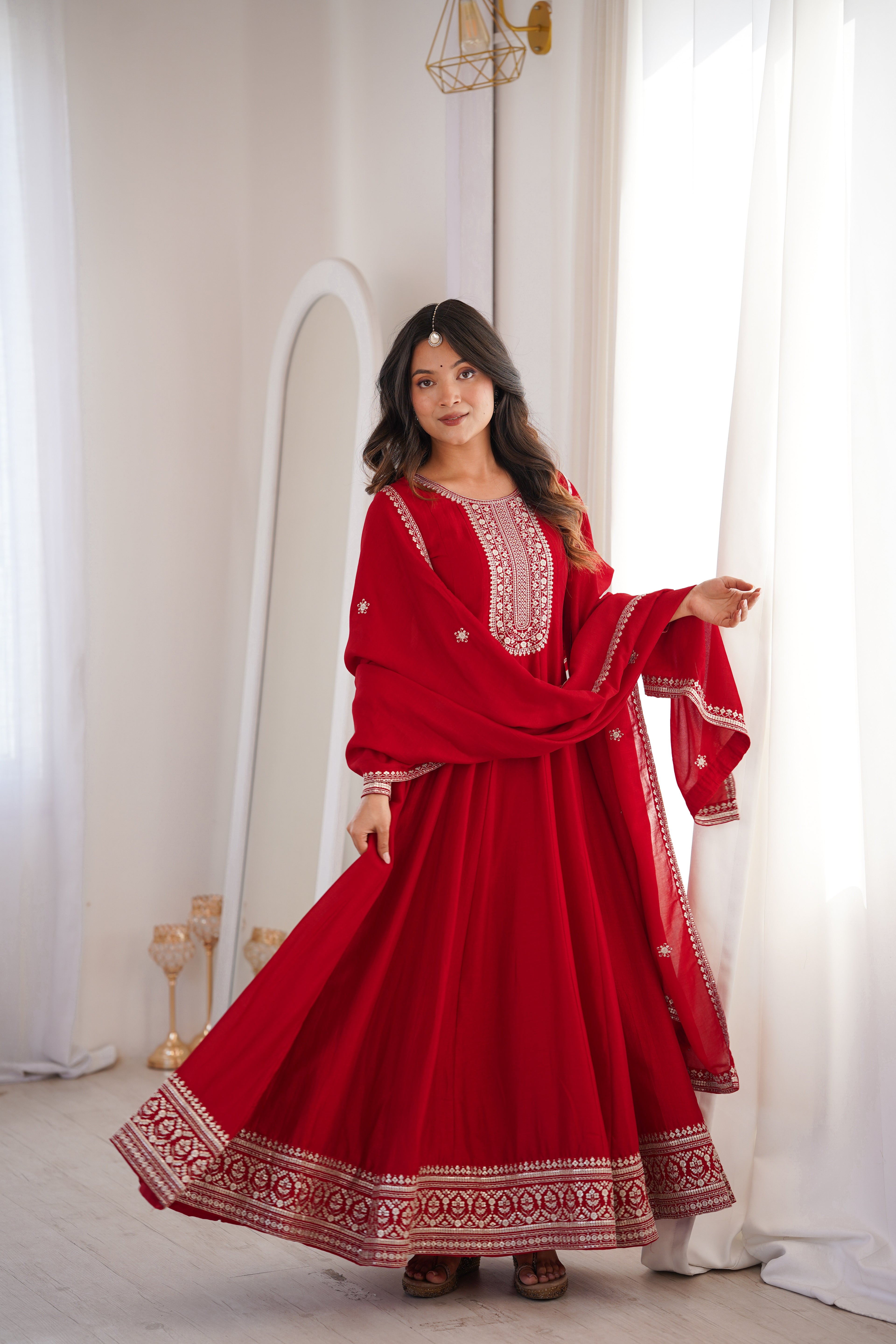 Red Pure Vichitra Silk Kurta Set