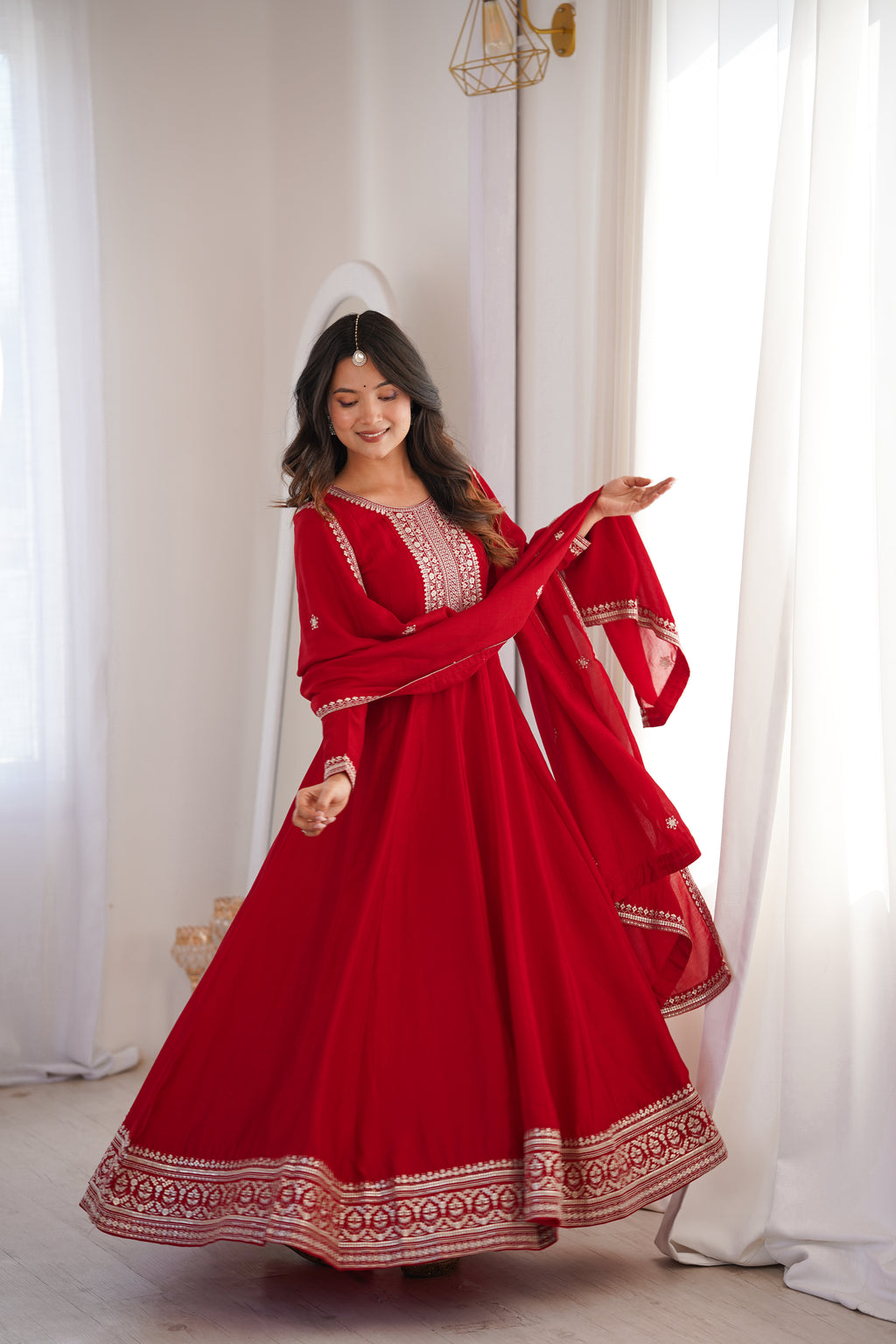 Red Pure Vichitra Silk Kurta Set