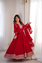 Red Pure Vichitra Silk Kurta Set