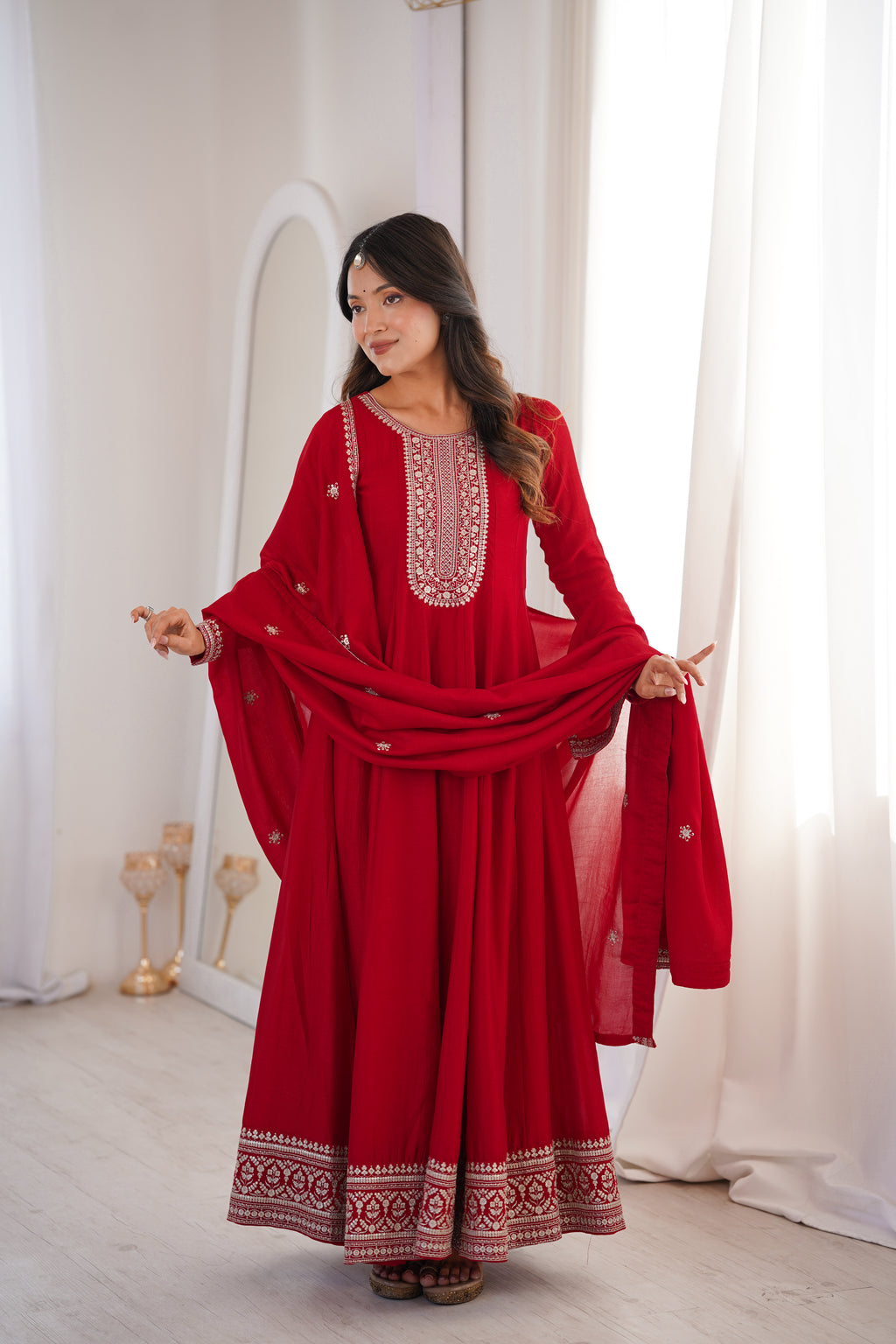 Red Pure Vichitra Silk Kurta Set