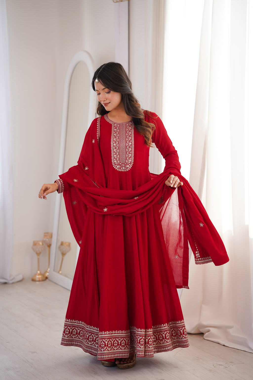 Red Pure Vichitra Silk Kurta Set