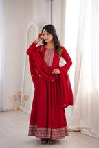 Red Pure Vichitra Silk Kurta Set