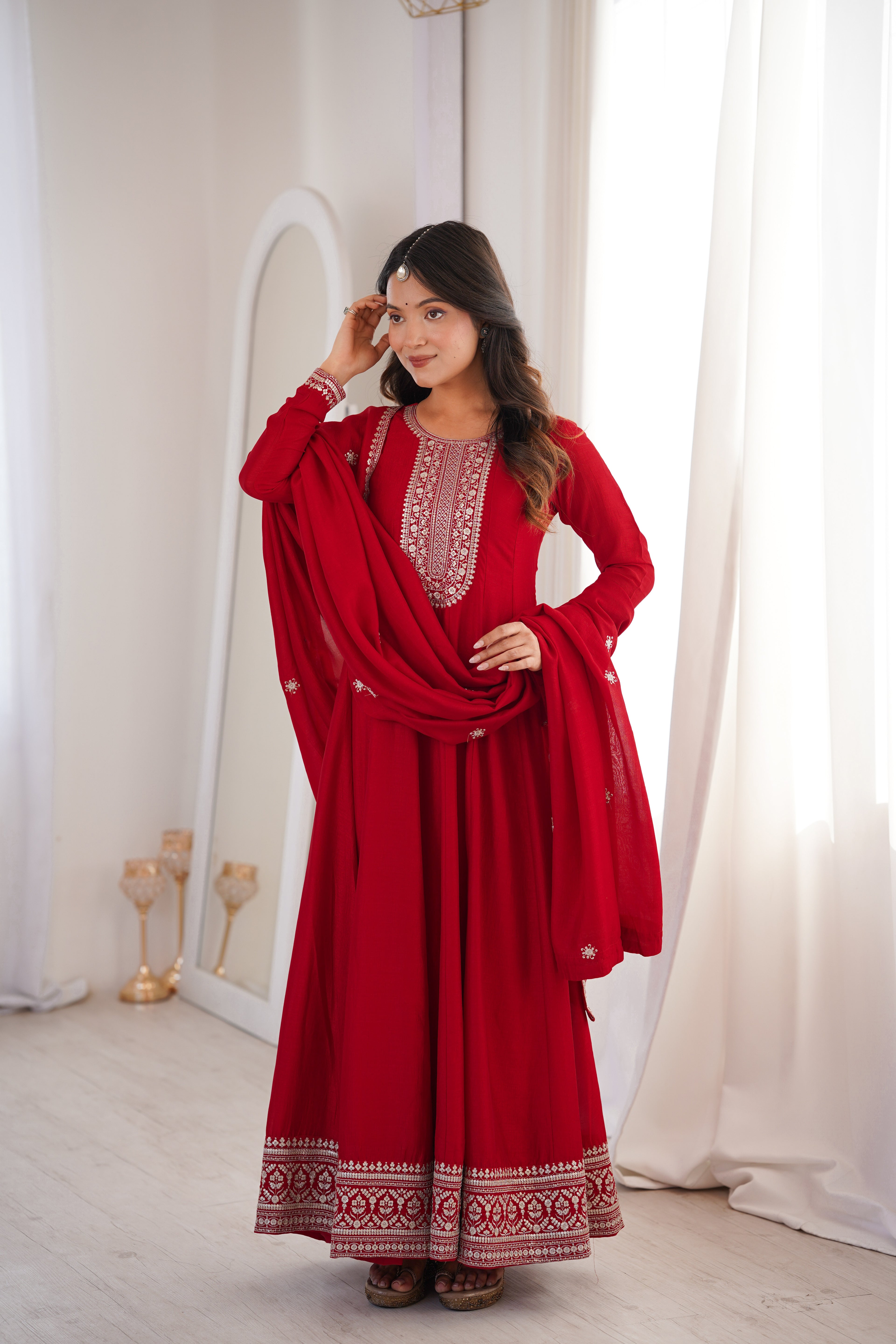 Red Pure Vichitra Silk Kurta Set