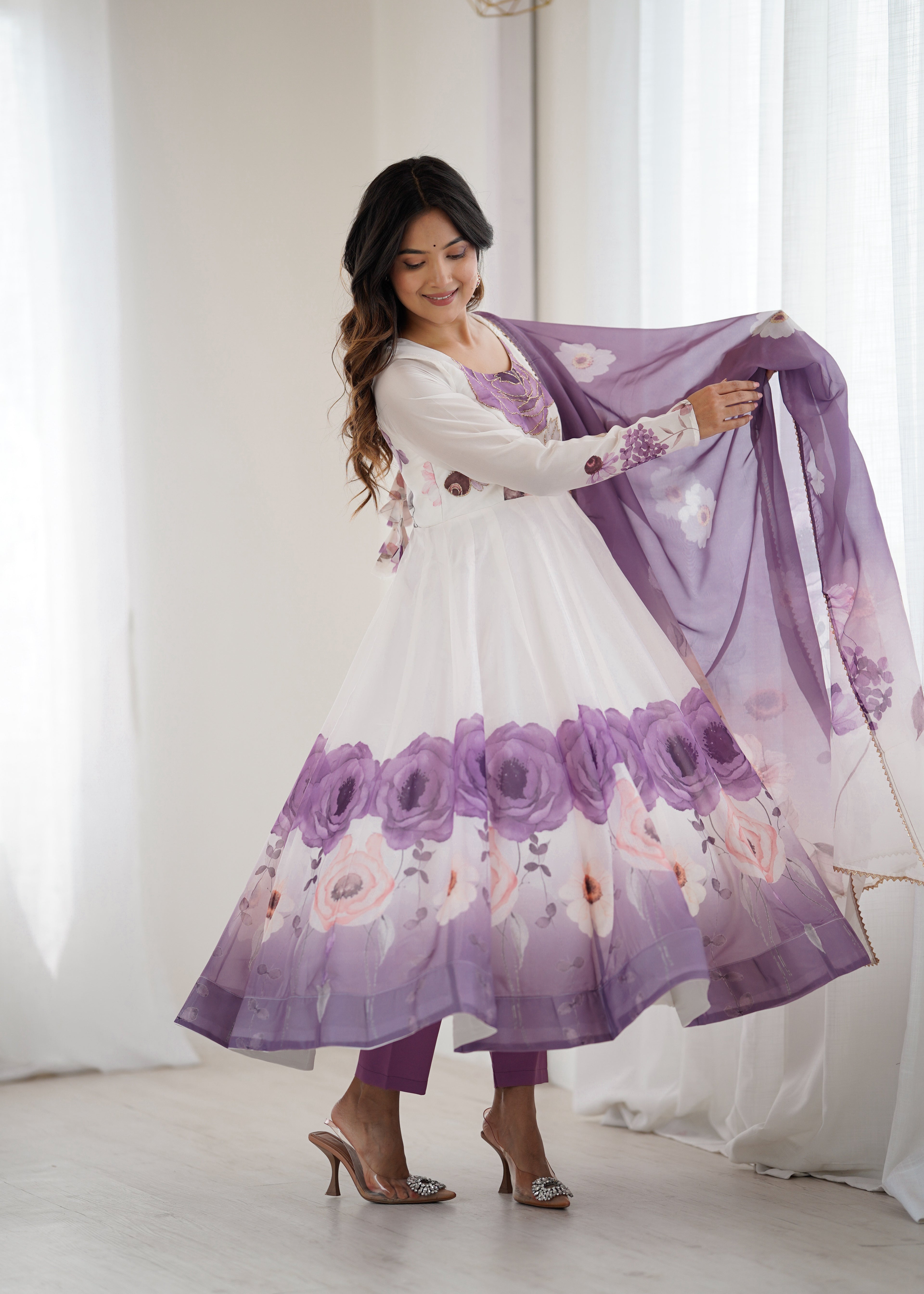 Purple Organza Sunflower Kurta Set