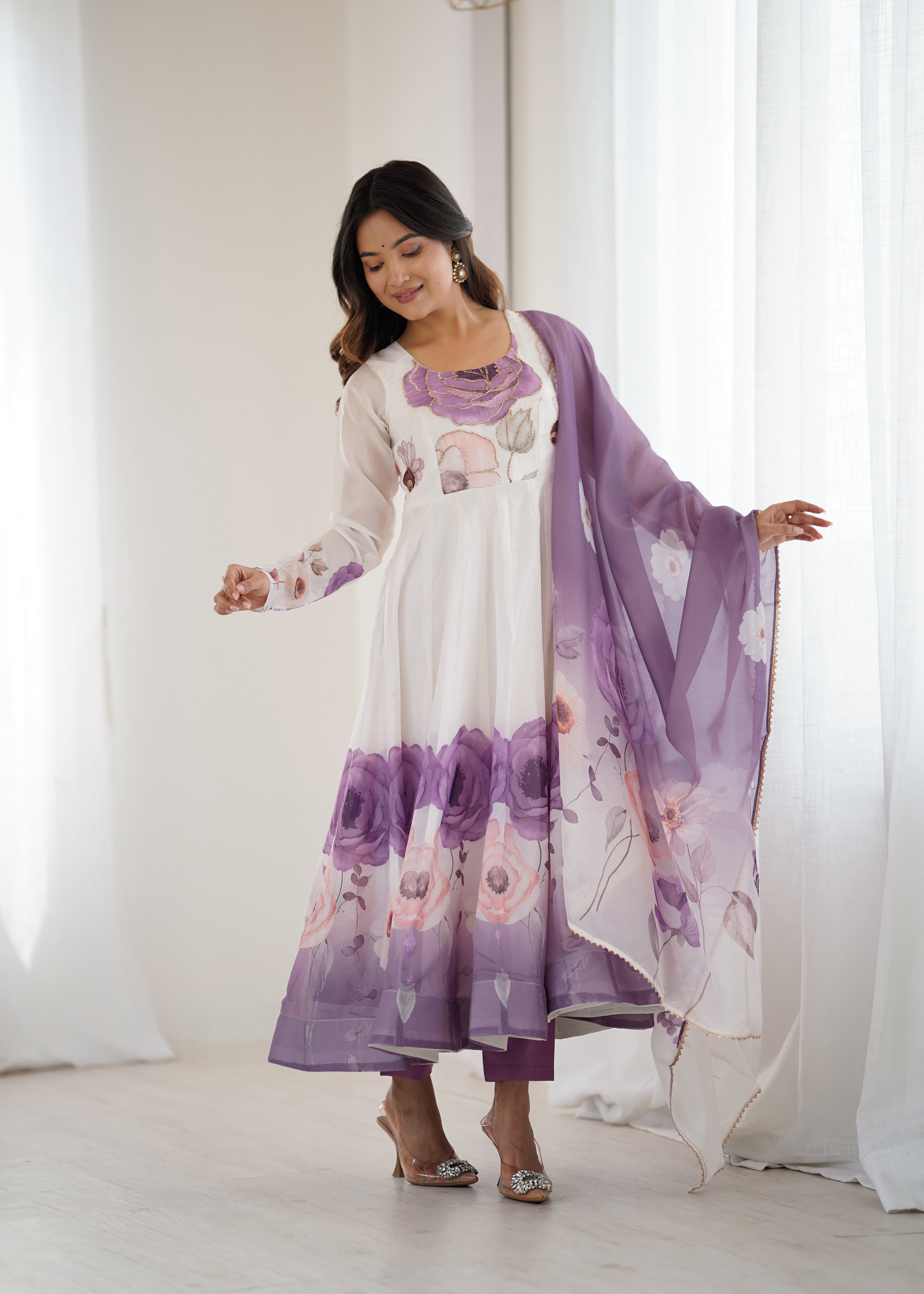 Purple Organza Sunflower Kurta Set